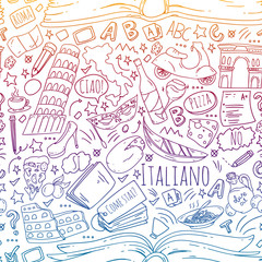 Italian language learning. Vector pattern with icons and national symbols of Italy.