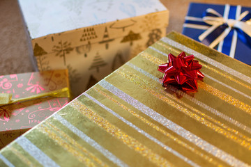 Gold gift boxes, gifts prepared to surprise at Christmas.