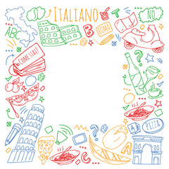 Fototapeta na wymiar Italian language learning. Vector pattern with icons and national symbols of Italy.