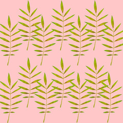 Watercolor pattern with rowan leaves on pink background for textile and cover design.