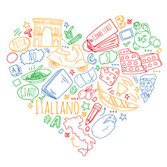 Italian language learning. Vector pattern with icons and national symbols of Italy.