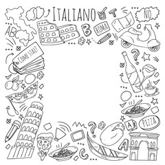 Italian language learning. Vector pattern with icons and national symbols of Italy.