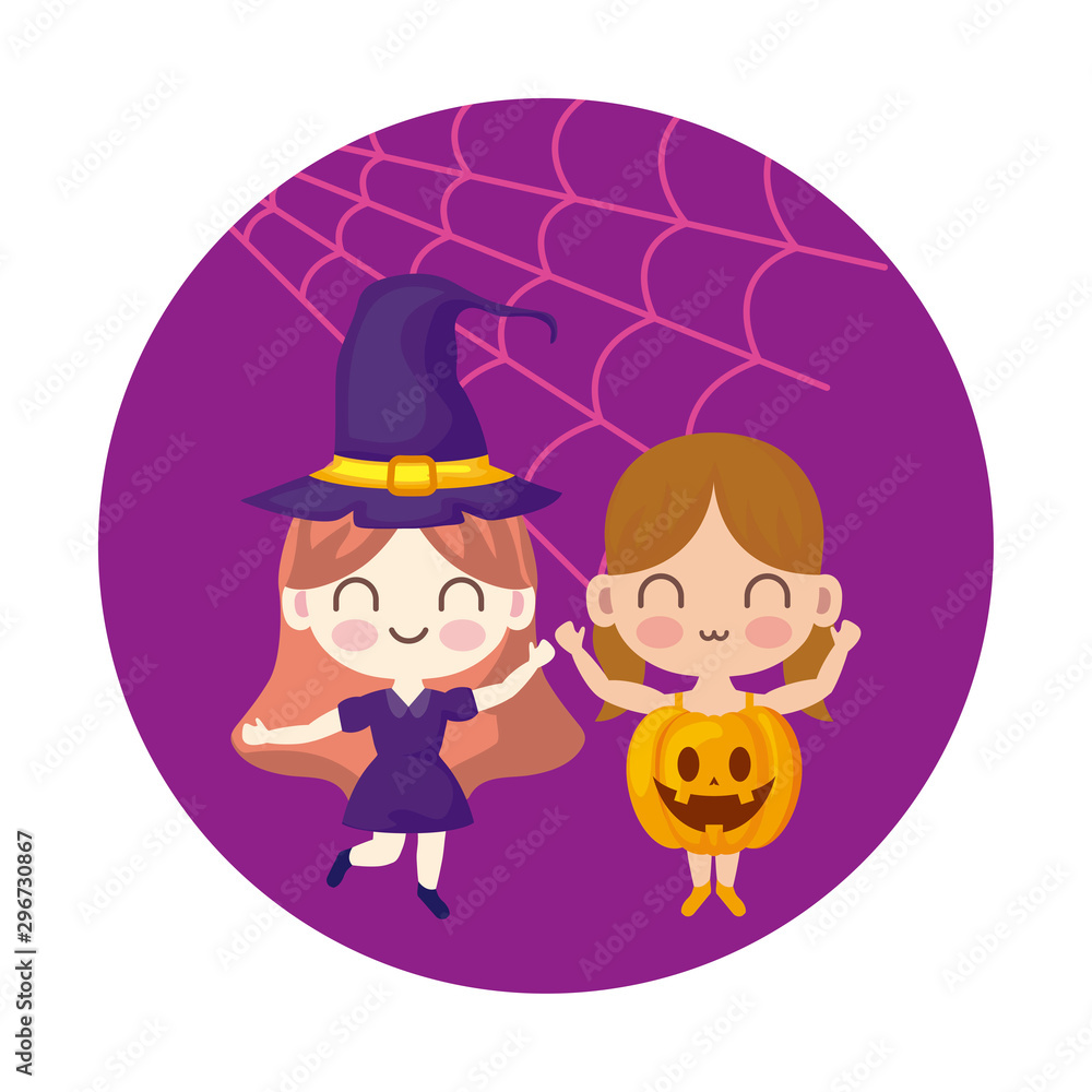 Wall mural cute children disguised with icons halloween