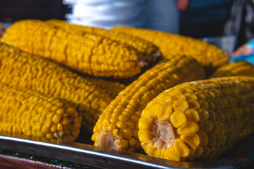 Corn cobs on the grill lie beautifully on the counter. Close up image with corns. Asian, Indian and Chinese street food. Food court on local market outdoor.