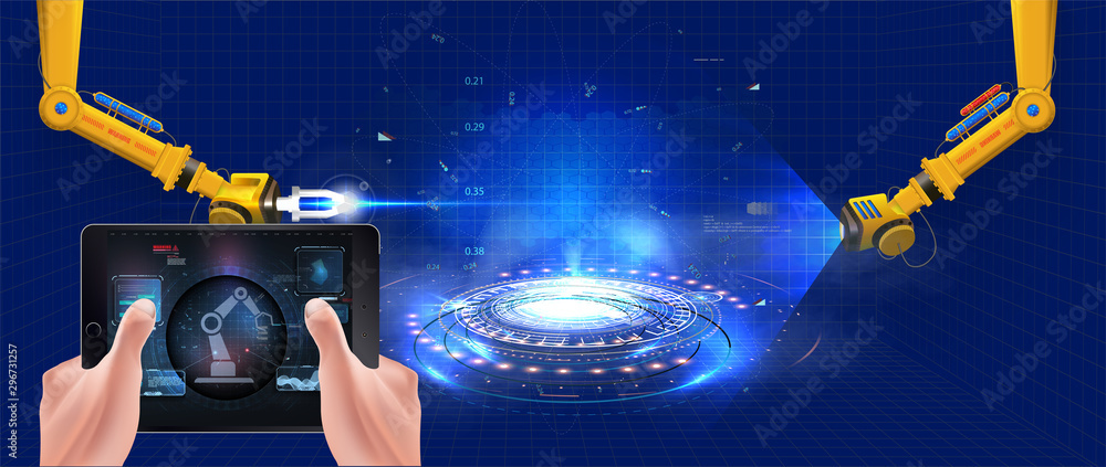 Fototapete People connecting with a factory using smartphone and exchanging data with a neural network.Industry 4.0 monitoring app on a tablet and smart automated production.Robot arm in smart factory background