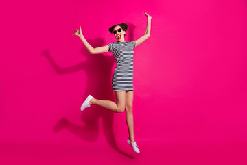 Full length body size view of her she nice attractive lovely charming cheerful cheery girl jumping...