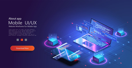 Programming and software development web page banner, program code on screen device. Software development coding process concept. Programming, testing cross platform code, app on phone, UI/UX