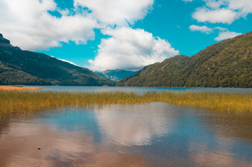 Fototapeta na wymiar Falkner Lake located in the Nahuel Huapi National Park, province of Neuquen, Argentina