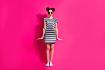 Full length body size view of her she nice attractive lovely lovable pretty charming cheerful cheery girl isolated over bright vivid shine vibrant pink fuchsia color background