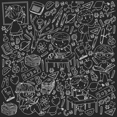 Back to school. Vector icons and elements for little children, college. Doodle style, kids drawing