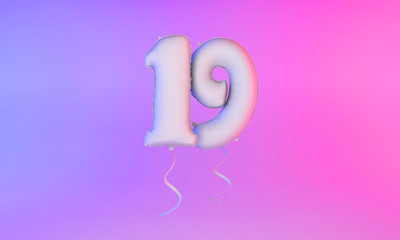 White number 19 celebration balloon greeting background. 3D Rendering