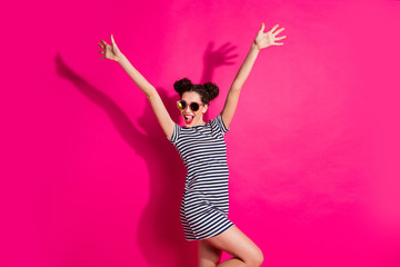 Portrait of her she nice attractive lovely pretty cheerful cheery girl dancing having fun rising...