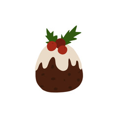 Traditional British Christmas Pudding illustration.  Christmas plum pudding decorated with red cranberry. Traditional dessert of English cuisine. Sweet food. Flat vector for menu or recipe book.