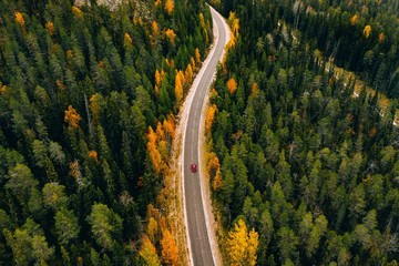 Luchtfoto van herfstkleur bos in de bergen en een weg met auto in Finland Lapland.