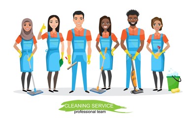 Professional cleaners team. Young multiracial smiling people are holding cleaning tools. Vector illustration of cartoon characters