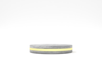 3D Rendering of circle round cement podium pedestal with gold metal at center on isolated white background. For high value product, precious item stand.