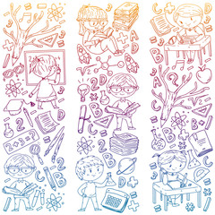 Back to school. Vector icons and elements for little children, college. Doodle style, kids drawing