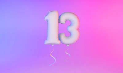 White number 13 celebration balloon greeting background. 3D Rendering