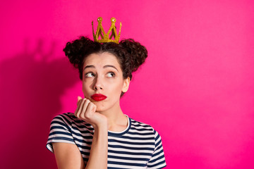 Close-up portrait of her she nice attractive glamorous lovely bewildered girl thinking creating...