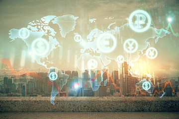 Forex graph on city view with skyscrapers background multi exposure. Financial analysis concept.