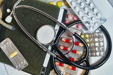 Blister Medical Pills Pharmaceutical Stuff Stethoscope. health care concept.