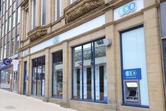HUDDERSFIELD, UK - JULY 10, 2016: TSB Bank branch in Huddersfield, UK. The bank is a subsidiary of the Sabadell Group from Spain.