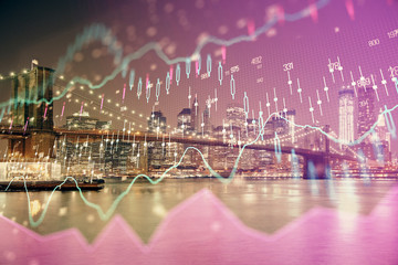 Financial chart on city scape with tall buildings background multi exposure. Analysis concept.