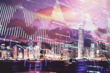 Plakat Double exposure of forex chart drawings over cityscape background. Concept of success.