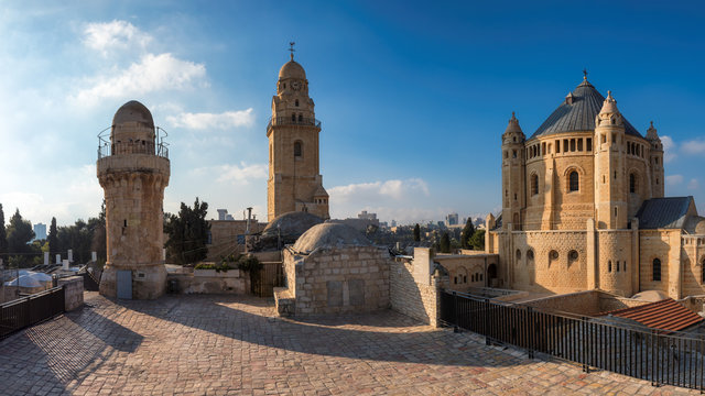 Panorama of Dormition Abbey at sunset, near Zion Gate, Jerusalem Old City. Israel.