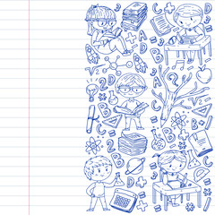 Obraz premium Back to school. Vector icons and elements for little children, college, online courses. Doodle style, kids drawing