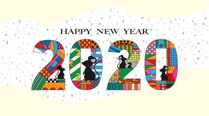 Typography text 2020 font and rats in geometric style on white background, Creative design for Greeting Lettering. New Year of the rat symbol 2020, flyers, posters, banners and calendar,