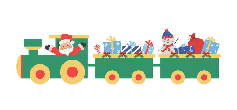 Christmas train with gifts. There is also Santa Claus and snowman in the picture. Vector illustration