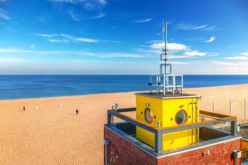 Aerial landscape of the beautiful beach with lifeguards house at Baltic Sea in Gdansk, Poland - obrazy, fototapety, plakaty