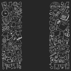 Back to school. Pattern with books, education element and little students. Kids, children learning mathematic, geography, geometry, physic, chemistry