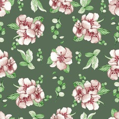 pattern white sakura flowers leaves green dark