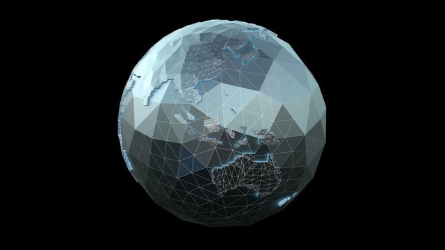 Seamless 4K animation of low poly rotating metal earth globe with black background. Seamless metal retro futuristic animation 