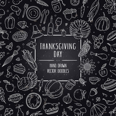 Vector hand drawn banner with Thanksgiving symbols and objects. Holiday outline sketch illustration in chalkboard style. Design for shop, book, menu, poster, banner.