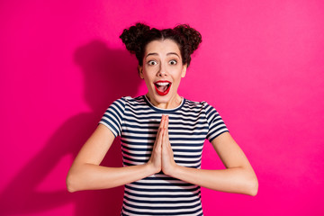 Photo of cheerful cute nice funny positive sweet pretty girl begging to purchase goods for her with...