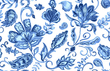 Hand drawn watercolor blue paisley seamless pattern for design. Water color flores elegant pattern decorate ceramic tile, porcelain, wallpaper, fabric. Indian, asian tradition culture. Isolated - obrazy, fototapety, plakaty
