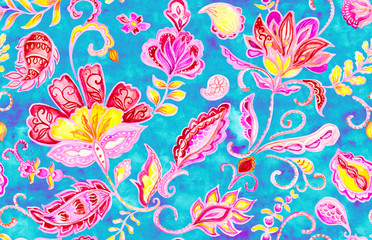 Fototapeta na wymiar Hand drawn watercolor floral flower seamless pattern (tiling). Colorful print with green abstract whimsical tulips, paisley, butas, orchid, lotus, lily and leaves on turquoise blue background