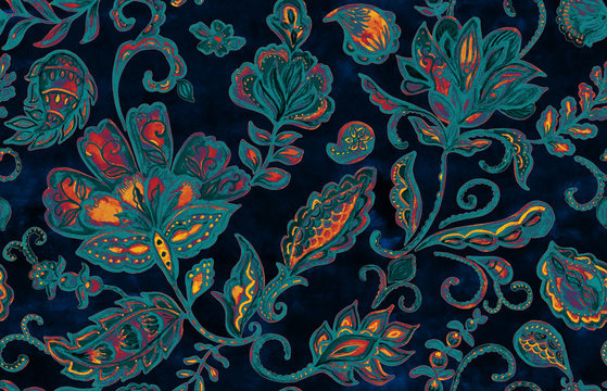 Paisley watercolor floral pattern tile:  flowers, flores, tulips, leaves. Oriental indian traditional hand painted water color whimsical seamless print, ceramic design. Abstract india batik background