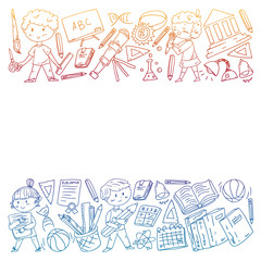 Cute school children. Imagination and creativity. Play and learn, singing, dancing, reading, drawing.