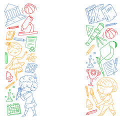 Cute school children. Imagination and creativity. Play and learn, singing, dancing, reading, drawing.