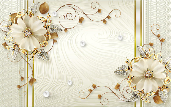 3d illustration, light background with ornament, silver pearls, large beige ornamental flowers with crystals © TimKats