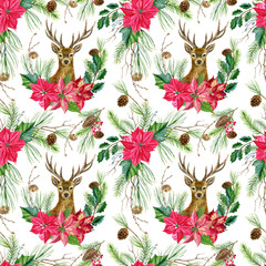 Christmas pattern with cute deer and poinsettia. Seamless pattern with watercolor illustrations. Suitable for creating invitations, cards, albums, digital scrapbooking, fabric and more.