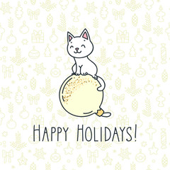 Merry Christmas and Happy New Year. Hand drawn illustration of cute white cat sitting on the golden christmas ball on seamless background of christmas decorations. Vector 8 EPS