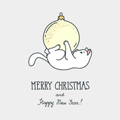 Merry Christmas and Happy New Year. Hand drawn illustration of cute white cat playing with christmas ball. Vector 8 EPS
