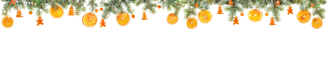 Fototapeta na wymiar Christmas diy decor. X mas wide border of fir branches with snow with dried oranges, cones and dried orange peel figurines on white. Zero waste christmas concept. 