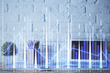 Double exposure of forex chart and work space with computer. Concept of international online trading.