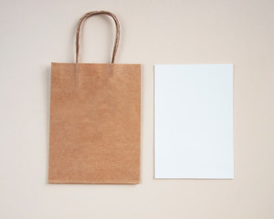 Craft paper shopping bag with paper blank. Mockup for design, logo, brang identity.
